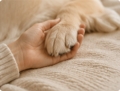 Eine Hand hält die Pfote eines Hundes
